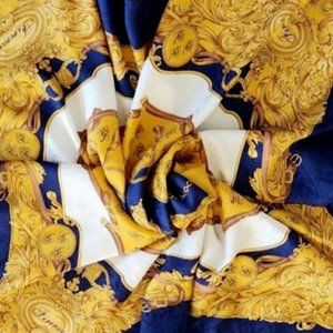 Vintage Firenze 34"X 33" fler de lis jacquard blue gold baroque  silk scarf